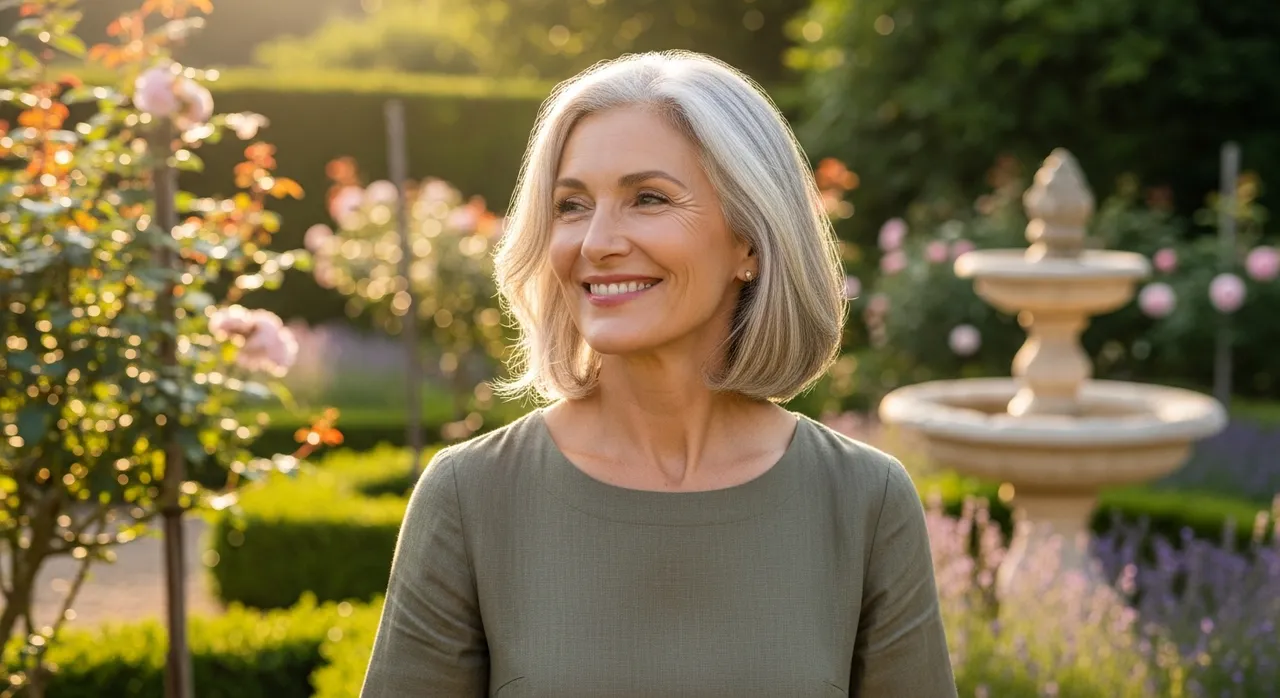 Mature woman smiling in a serene garden